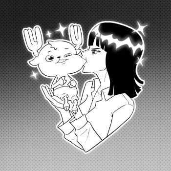 1boy 1girl 2025 antlers biting biting_cheek blunt_bangs collarbone collared_shirt commentary drw_hrvnj english_commentary gradient_background greyscale halftone halftone_background highres horns looking_at_another medium_hair monochrome nico_robin nico_robin_(alabasta) one_piece profile reindeer reindeer_antlers shirt shorts sparkle tony_tony_chopper upper_body white_shirt
