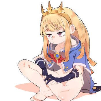 1girl barefoot blonde_hair breasts cagliostro_(granblue_fantasy) cloak expressionless full_body gloves granblue_fantasy hairband highres indian_style long_hair looking_to_the_side naked_cloak purple_eyes simple_background sitting small_breasts solo spiked_hairband spikes toes white_background yucopi