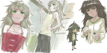 1girl black_shorts blush breasts brown_dress dress frown green_eyes green_hair highres hiyajou_maho long_hair looking_at_viewer menomorute multiple_costumes multiple_views red_dress santa_costume santa_dress science_adventure shorts small_breasts solo steins;gate steins;gate_0 tank_top