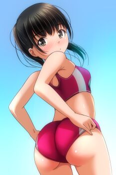 1girl absurdres adjusting_buruma adjusting_clothes ass black_hair blush breasts brown_eyes buruma closed_mouth commentary_request from_behind highres long_hair looking_at_viewer looking_back matsunaga_kouyou original red_buruma red_sports_bra sky small_breasts solo sports_bikini sports_bra standing twintails