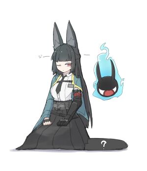 1girl animal_ears aqua_jacket black_hair black_necktie black_skirt blunt_bangs collared_shirt commentary_request fingerless_gloves fox_ears fox_girl gauntlets gloves green_jacket gusumandesuyo high-waist_skirt highres hoshimi_miyabi jacket long_hair necktie one_eye_closed red_eyes seiza shirt single_fingerless_glove single_gauntlet sitting skirt tailless_(zenless_zone_zero) white_background white_shirt zenless_zone_zero