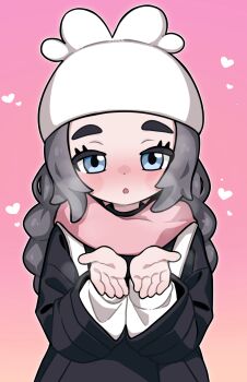 1girl :o ansha_(pokemon) black_coat blue_eyes breath coat commentary_request eyelashes hands_up hat heart highres long_hair long_sleeves looking_at_viewer mwm5 nintendo open_mouth pink_background pink_scarf pokemon pokemon_legends:_z-a scarf shirt simple_background solo white_hat white_shirt