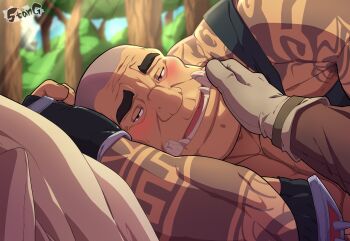 Rule 34 | 2boys, absurdres, bara, blush, broken tusk, cheekbones, couple, day, hand on another's face, highres, large pectorals, looking at viewer, lustful desires, male focus, mature male, multiple boys, muscular, muscular male, pectorals, pov, pov adoring, pov hands, shaved head, shoulder tattoo, smile, solo focus, stang artad, sunlight, tank (lustful desires), tattoo, tusks, upper body, waking up, wrinkled skin, yaoi