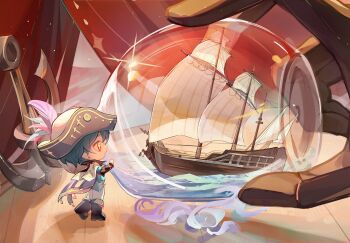 1boy 1other anchor black_boots black_gloves black_hat blue_hair boat boots brant_(wuthering_waves) chibi curtains diffraction_spikes eye_glitter gloves hat hat_feather highres huqu_(huqu45712) male_focus mast mini_person ocean pants sail sailboat ship_in_a_bottle short_hair stage stage_curtains tricorne watercraft white_pants wooden_floor wuthering_waves