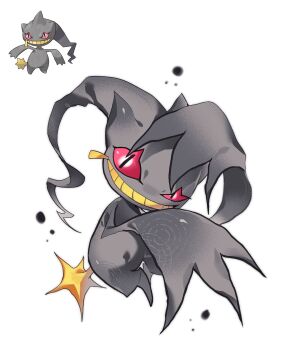 bairizuomeng banette commentary full_body gen_3_pokemon ghost grin highres looking_at_viewer nintendo no_humans pokemon pokemon_(creature) pokemon_focus red_eyes reference_inset simple_background smile solo standing symbol-only_commentary white_background zipper zipper_pull_tab