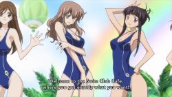 6+boys 6+girls animated anime_screenshot apron ass back back_cutout bikini black_hair black_jacket black_pants blue_eyes bouncing_breasts bow bowtie breasts brown_eyes brown_hair butt_crack cafe clapping cleavage closed_eyes clothing_cutout code_geass collarbone confetti covered_navel dark-skinned_female dark_skin detached_collar elbow_gloves fishnet_thighhighs fishnets gloves green_eyes grey_hair groin hair_ornament hand_on_own_hip hands_on_own_knees high_heels highres jacket jewelry large_breasts leaning_forward lipstick long_hair long_legs looking_at_viewer maid maid_apron maid_headdress makeup medium_breasts micro_bikini multiple_boys multiple_girls navel one-piece_swimsuit one_eye_closed open_mouth orange_hair pants ponytail ribbon school_swimsuit school_uniform shirley_fenette side-tie_bikini_bottom small_breasts smile sound stomach subtitled swimsuit tagme thighhighs thighs twintails undressing v video villetta_nu white_gloves wrist_cuffs yellow_eyes