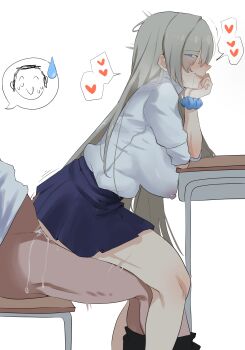 1boy 1girl absurdres asuna_(blue_archive) asuna_(school_uniform)_(blue_archive) blonde_hair blue_archive blue_eyes blue_scrunchie blue_skirt breasts chair commentary covered_erect_nipples desk doodle_sensei_(blue_archive) english_commentary heart hetero highres large_breasts long_hair niyoukoso pleated_skirt school_chair school_desk school_uniform scrunchie sensei_(blue_archive) sex sex_from_behind shirt skirt spoken_heart very_long_hair white_background white_shirt wrist_scrunchie