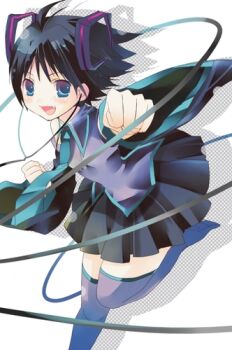 Rule 34 | antenna hair, black hair, cosplay, green eyes, hatsune miku, hatsune miku (cosplay), idolmaster, idolmaster (classic), idolmaster 1, kikuchi makoto, lowres, non-web source, punching, short hair, solo, thighhighs, vocaloid