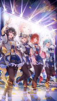 absurdres akane_lize animal_ear_fluff animal_ears arahashi_tabi blue_eyes blue_hair breasts brown_eyes brown_hair brown_pantyhose cat_ears cat_girl cela_(akeeeeee675) city dress grey_hair highres idol large_breasts long_hair looking_at_viewer medium_hair neneko_mashiro night open_mouth outdoors pantyhose reaching reaching_towards_viewer red_eyes red_hair screen shirayuki_hina shoes short_sleeves stadium_lights stage_lights stellive teeth upper_teeth_only virtual_youtuber white_dress white_shoes