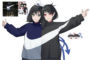 2girls alternate_costume aroevela blue_wings bright_pupils closed_mouth commentary english_commentary green_eyes hat houjuu_nue looking_at_viewer multiple_girls murasa_minamitsu nike_(company) outstretched_arm photo-referenced red_eyes reference_inset sailor_hat simple_background smile sukusuku_hakutaku touhou upper_body white_background white_hat white_pupils wings