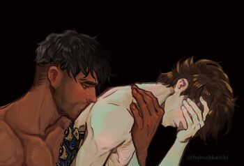 2boys absurdres arcane:_league_of_legends arcane_jayce arm_hair babu_(babushkahihi) back_brace bare_pectorals beard_stubble black_background black_hair blush brown_hair chest_hair closed_mouth collarbone commentary dark-skinned_male dark_skin facial_hair fingernails from_side hand_over_eye highres jayce_(league_of_legends) kiss kissing_back league_of_legends male_focus multiple_boys nude pectorals profile simple_background stubble thick_eyebrows twitter_username viktor_(arcane) viktor_(league_of_legends) yaoi