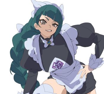 1girl apron black_romper bow braid braided_ponytail breasts green_hair grin lebanne_(pokemon) long_hair long_sleeves looking_at_viewer maid maid_apron maid_headdress medium_breasts mega_stone nintendo open_mouth pokemon pokemon_legends:_z-a puffy_sleeves romper smile solo taiyang_yu teeth thighhighs white_bow