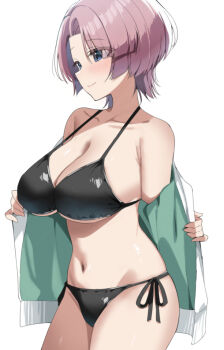 1girl arimura_mao bare_legs bikini black_bikini blush breasts cleavage collarbone commentary_request faceless faceless_male gakuen_idolmaster idolmaster jacket kimi_to_semi_blue_(idolmaster) large_breasts navel one_eye_closed pool sasanon_(sasapoliton) side-tie_bikini_bottom smile solo speech_bubble strap_gap string_bikini swimsuit thighhighs tongue tongue_out twitter_username two-sided_fabric two-sided_jacket
