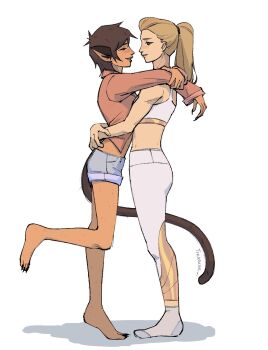 Rule 34 | 2girls, adora (she-ra), arm around neck, barefoot, blonde hair, bra, brown hair, cat tail, catra, closed eyes, commentary, english commentary, highres, leg up, long hair, multiple girls, pants, ponytail, red shirt, she-ra and the princesses of power, shirt, short hair, signature, smile, socks, tail, treasuxe, underwear, white bra, white pants, white socks, yuri