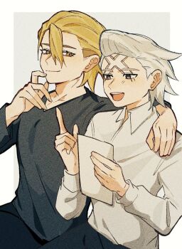 0a_9_(pixiv82791714) 2boys :d arm_around_shoulder black_pants black_shirt blonde_hair closed_mouth collared_shirt dr._stone grey_eyes grey_hair hair_between_eyes hair_slicked_back hand_on_another&#039;s_shoulder hands_up holding holding_paper index_finger_raised long_sleeves male_focus multiple_boys open_mouth pants paper scar scar_on_face scar_on_forehead shirt short_hair sitting smile stanley_snyder_(dr.stone) white_hair white_shirt xeno_(dr.stone) yellow_eyes