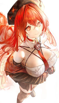 1girl absurdres arm_strap armpit_crease bare_shoulders beret black_boots black_choker black_gloves black_hat black_jacket black_skirt black_thighhighs blurry boots breasts bright_pupils choker closed_mouth commentary crossed_bangs depth_of_field detached_collar foot_out_of_frame from_above gloves goddess_of_victory:_nikke hair_between_eyes hands_up hat highres jacket knee_boots large_breasts light_smile long_hair long_sleeves looking_at_viewer looking_up miniskirt multicolored_gloves necktie o-ring o-ring_top off_shoulder open_clothes open_jacket phoebe_(user_vvpf4584) rapi_(nikke) rapi_(red_hood)_(nikke) red_eyes red_gloves red_hair red_necktie shirt simple_background skirt sleeveless sleeveless_shirt solo standing thighhighs two-tone_gloves very_long_hair white_background white_pupils white_shirt