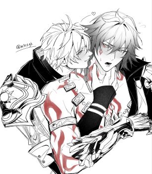 2boys 97brc0 absurdres antenna_hair arm_tattoo armlet armor black_choker black_coat black_shirt blush braid chest_tattoo choker clawed_gauntlets coat commentary_request earrings facial_tattoo gold_earrings gold_necklace greyscale highres honkai:_star_rail honkai_(series) jewelry male_focus medium_hair monochrome multiple_boys mydei_(honkai:_star_rail) neck_tattoo necklace open_clothes open_coat parted_bangs pauldrons phainon_(honkai:_star_rail) red_tattoo shirt short_hair shoulder_armor side_braid simple_background single_pauldron tattoo twitter_username white_background white_coat yaoi