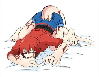 1girl ae-3803 bad_id bad_pixiv_id breath cancer_cell_(hataraku_saibou) claws corruption fangs fingernails haruyo_sakuragi hataraku_saibou highres jacket japanese_text leaning leaning_forward lying monster monster_girl monsterification on_stomach red_blood_cell_(hataraku_saibou) red_hair sharp_fingernails sharp_teeth sharp_toenails short_hair shorts tail teeth toenails torn_clothes transformation veins