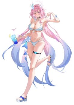 1girl alternate_costume bare_shoulders bikini black_choker blue_bikini blue_flower blue_hair blush breasts choker cleavage closed_mouth commentary cyrene_(demiurge)_(honkai:_star_rail) cyrene_(honkai:_star_rail) flower full_body gradient_hair hand_up higashiwun_izumi highres honkai:_star_rail honkai_(series) large_breasts long_hair looking_at_viewer multicolored_hair navel one_eye_closed pink_hair purple_eyes sandals simple_background smile solo standing standing_on_one_leg stomach swimsuit thigh_strap very_long_hair white_background