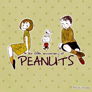 1girl 2boys aged_down animal animal_on_head anniversary argyle_bow argyle_clothes argyle_dress black_hair bow brown_hair charlie_brown dress hair_bow multiple_boys on_head patty_(peanuts) peanuts_(comic) red_shirt shermy_(peanuts) shirt short_hair shorts smile snoopy thevigil