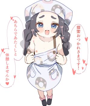 1girl absurdres ansha_(pokemon) apron apron_pull bad_tag bandana black_hair blue_eyes blush clothes_pull dowel flat_chest full_body highres legs loli looking_at_viewer naked_apron nintendo nipples pokemon pokemon_legends:_z-a shoes simple_background smile solo standing thighs translation_request white_background