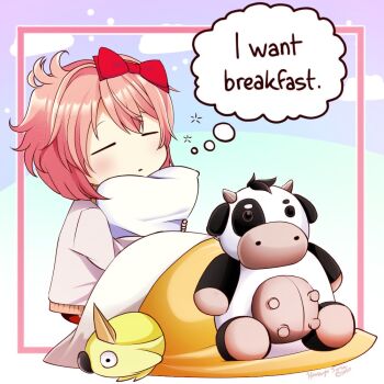 1girl artist_name blush bow closed_eyes commentary doki_doki_literature_club english_commentary english_text hair_bow hugging_object messy_hair official_alternate_costume orange_hair pillow pillow_hug red_bow sayori_(doki_doki_literature_club) short_hair sleepy solo_focus sorahanayo speech_bubble stuffed_cow thought_bubble yellow_blanket