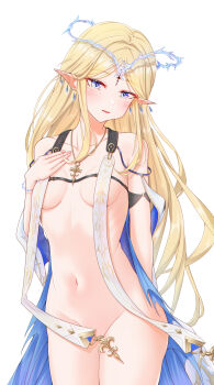 1girl absurdres blonde_hair blue_eyes breasts cartethyia_(wuthering_waves) chinese_commentary collarbone commentary_request convenient_censoring cowboy_shot crown_of_thorns earrings hand_on_own_chest highres jewelry light_blush light_smile long_hair looking_at_viewer medium_breasts multiple_earrings navel necklace nude parted_bangs parted_lips partial_commentary pointy_ears sidelocks solo stomach tacet_mark_(wuthering_waves) thighs very_long_hair vflhzx wuthering_waves