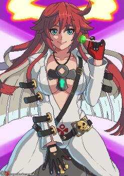 1girl ankh_necklace belt black_gloves bodysuit breasts broken_halo candy colored_inner_hair fingernail_gloves food foxanderart gloves green_eyes guilty_gear guilty_gear_strive hair_between_eyes halo highres jack-o&#039;_valentine lollipop long_hair long_sleeves looking_at_viewer multicolored_gloves multicolored_hair pixel_art purple_background red_hair sitting spiked_halo two-tone_hair very_long_hair white_background white_bodysuit white_hair