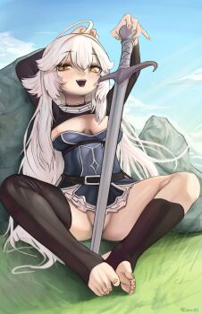 ahoge bottomless breasts convenient_censoring grass indie_virtual_youtuber matoi_miia medium_breasts seori091 sword virtual_youtuber weapon white_hair yellow_eyes