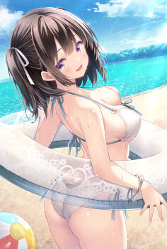 1girl arched_back ass ball bangle bare_shoulders beach beachball bikini black_hair bracelet breasts cleavage commentary_request cowboy_shot day from_behind front-tie_bikini_top front-tie_top hair_ribbon halterneck highres innertube jewelry large_breasts looking_at_viewer looking_back median_furrow medium_hair open_mouth original outdoors purple_eyes ribbon ryo_(botugo) side-tie_bikini_bottom smile solo standing strap_gap string_bikini sunlight swim_ring swimsuit two_side_up wet white_bikini