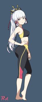 1girl absurdres artist_name ass ayaka_(genshin_impact) barefoot blunt_bangs breasts capri_pants commission full_body genshin_impact grey_eyes hair_ornament hair_ribbon hand_on_own_hip highres long_hair looking_at_viewer looking_back medium_breasts mole mole_under_eye pants pink_ribbon pixiv_commission ponytail r3dfive ribbon simple_background solo sports_bra standing tress_ribbon very_long_hair white_hair