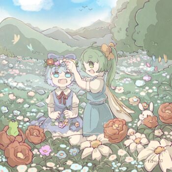 2girls :d ahoge aqua_hair blue_dress blue_flower blue_skirt blue_sky blue_vest bow bug butterfly chigu cirno collared_shirt daiyousei day dress fairy_wings field flower flower_field frog green_eyes green_hair hair_bow highres hill insect long_hair multiple_girls neck_ribbon open_mouth outdoors pinafore_dress pink_flower ponytail puffy_short_sleeves puffy_sleeves rabbit red_bow red_flower red_ribbon ribbon shirt short_hair short_sleeves skirt skirt_set sky sleeveless sleeveless_dress smile touhou tree vest white_flower wings wreath yellow_bow