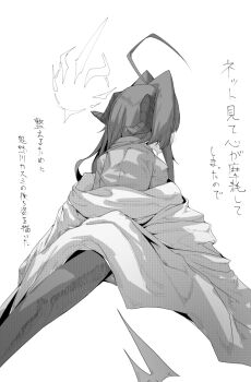 1girl ahoge blue_archive coat_partially_removed demon_horns demon_tail enlightenment_(keimontinus) facing_away from_behind greyscale halo highres horns kasumi_(blue_archive) lab_coat long_hair monochrome shirt simple_background solo tail translation_request white_background