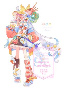 Rule 34 | 1girl, ahoge, asymmetrical footwear, asymmetrical legwear, bandaid, bandaid on face, bandaid on nose, black skirt, blue nails, blue shoes, brown socks, commentary request, dated, detached ahoge, double-parted bangs, fang, fish, frilled skirt, frills, full body, grey hair, hair between eyes, hand up, hat, jacket, jar, kneehighs, long hair, long sleeves, looking at viewer, mismatched footwear, mismatched legwear, mochimura sorata, multicolored hair, nail polish, neckerchief, open clothes, open jacket, open mouth, original, pink hair, pink shoes, pleated skirt, red eyes, red jacket, red neckerchief, red sailor collar, red socks, sailor collar, shirt, shoes, shrimp, signature, simple background, skirt, sneakers, socks, solo, standing, striped clothes, striped socks, two-tone hair, two-tone socks, watermark, white background, white shirt, yellow hat