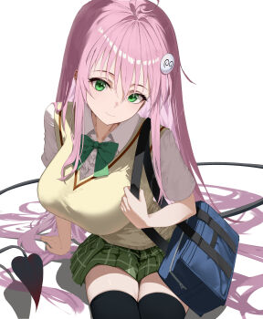 1girl absurdres ahoge bag black_thighhighs bow breasts cardigan commentary_request demon_tail green_bow green_eyes green_skirt highres lala_satalin_deviluke large_breasts long_hair peke_(to_love-ru) pink_hair plaid_clothes plaid_skirt sainan_high_school_uniform school_bag school_uniform shirt skirt smile solo tail thighhighs to_love-ru to_love-ru_darkness user_wktr8825 white_background white_shirt yellow_cardigan