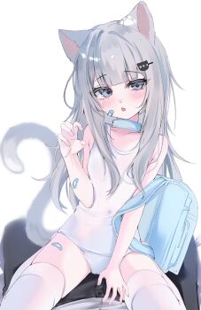 Rule 34 | 1boy, 1girl, absurdres, animal ears, backpack, bag, bandaid, bandaid on face, bandaid on leg, black pants, blue choker, blue eyes, blush, breasts, cat ears, cat tail, chedisu, choker, claw pose, commentary, grey hair, hair ornament, hairclip, hennyano (nachoneko), highres, indie virtual youtuber, nachoneko, navel, one-piece swimsuit, pants, paw print, randoseru, school swimsuit, single claw pose, sitting, sitting on person, straddling, swimsuit, tail, thighhighs, untranslatable commentary, virtual youtuber, white one-piece swimsuit, white thighhighs