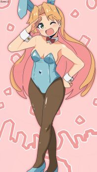 1girl animal_ears artist_name bambi2000line bare_shoulders blonde_hair blush bow bowtie breasts detached_collar dot_nose fake_animal_ears fake_rabbit_ears female_focus forehead green_eyes high_heels highres leotard long_hair one_eye_closed open_mouth pantyhose rabbit_ears ruri_no_houseki small_breasts solo standing tanigawa_ruri wrist_cuffs