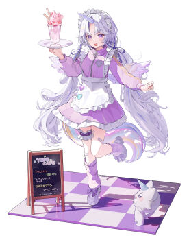 1girl :d absurdres apron bandaid bandaid_on_leg blue_ribbon bow commentary creature footwear_bow frilled_apron frilled_hairband frilled_skirt frilled_thigh_strap frills full_body hair_ribbon hairband hand_up highres holding holding_plate horns jacket kagemoe1003 leg_up long_hair long_sleeves multicolored_skirt open_mouth plate purple_eyes purple_jacket purple_shoes purple_skirt purple_socks ribbon shoes simple_background single_horn skirt smile socks standing standing_on_one_leg teeth thigh_strap turtleneck turtleneck_jacket twintails two-tone_skirt upper_teeth_only virtual_youtuber white_apron white_background white_hair white_skirt white_wings wings yuni_(yuni_channel) yuni_channel zipper