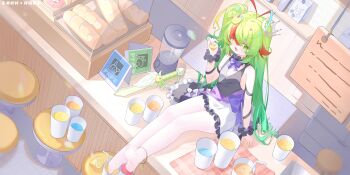 1girl absurdres anklet antenna_hair bakery black_dress blender_(object) bow crown dress drinking_straw fang food food-themed_hair_ornament green_eyes green_hair hair_ornament heterochromia highres holding holding_food jewelry lemonade multicolored_hair ningmeng_jing_jing_jing_jing original pantyhose purple_bow red_hair scrunchie shop side_ponytail sitting sleeveless sleeveless_dress smile solo sword two-tone_hair weapon white_pantyhose wrist_scrunchie yellow_eyes