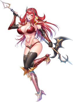 1girl alectra armor armored_boots axe battle_axe bikini_armor boots breasts cleavage curvy demon_girl elbow_gloves fingerless_gloves full_body gloves highres holding holding_weapon horns jumping long_hair looking_at_viewer navel non-web_source official_art pointy_ears red_eyes red_hair revealing_clothes shiny_clothes shiny_skin smile stomach_tattoo taimanin_(series) taimanin_rpgx tattoo thighs thong tiara transparent_background weapon wide_hips zol
