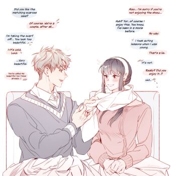 1boy 1girl black_hair blonde_hair blush breasts commentary earrings hair_between_eyes hairband hetero highres husband_and_wife ideksams jewelry long_hair long_sleeves open_mouth red_eyes shirt short_hair sidelocks simple_background smile spy_x_family symbol-only_commentary twilight_(spy_x_family) white_hairband yor_briar