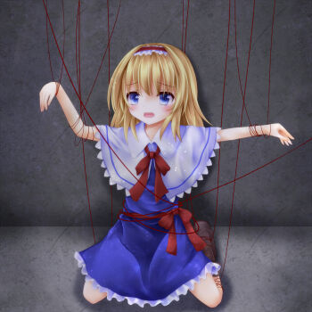 1girl alice_margatroid blonde_hair blue_dress blue_eyes blush boots brown_boots capelet commentary_request doll dress frilled_hairband frills furomaaju_(fromage) hairband highres lolita_hairband long_hair open_mouth puppet_strings red_hairband restrained sitting solo touhou white_capelet