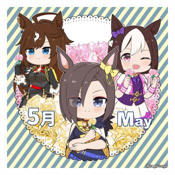 Rule 34 | 3girls, ;d, ahoge, air groove (empress road) (umamusume), air groove (umamusume), animal ears, black gloves, black jacket, blue eyes, blue shirt, blue skirt, blush, bow, braid, breasts, brown hair, capriccyo, closed mouth, clothing cutout, collared shirt, commentary request, cropped jacket, diagonal-striped background, dress, duramente (red in black) (umamusume), duramente (umamusume), ear bow, flower, gloves, grey dress, half gloves, highres, holding, holding flower, horse ears, jacket, long hair, medium breasts, multicolored hair, multiple girls, one eye closed, open clothes, open jacket, open mouth, pink flower, pleated skirt, purple bow, purple vest, red eyes, shirt, short hair, shoulder cutout, skirt, smile, special week (special dreamer) (umamusume), special week (umamusume), striped background, twitter username, two-tone hair, umamusume, very long hair, vest, white hair, white jacket, white shirt, white skirt, yellow flower, yellow shirt