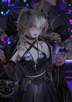 1boy 1girl arm_tattoo assisted_coverage bag black_nails blackbox_(blackbox9158) blonde_hair blurry blurry_background bow breasts breasts_apart choker cigarette commentary cross cross_necklace detached_sleeves dress ear_piercing earrings elbow_carry goth_fashion hair_between_eyes hair_ribbon handbag heart heart_earrings holding holding_phone jacket jewelry long_hair looking_at_viewer mouth_hold nail_polish necklace original phone piercing red_lips ribbon ring small_breasts smoking spiked_choker spikes symbol-only_commentary tattoo twintails wristband yellow_eyes