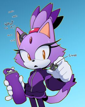 1girl absurdres animal_ears blaze_the_cat blue_background bottle cat_ears cat_girl cat_tail forehead_jewel furry furry_female gloves highres holding holding_bottle looking_at_viewer novika sonic_(series) sportswear sweat tail white_gloves yellow_eyes