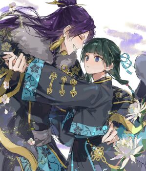 Rule 34 | 1boy, 1girl, aqua ribbon, arm around waist, black coat, black dress, black jacket, blue eyes, blunt bangs, chinese clothes, chinese hairpin, closed eyes, coat, commentary, cow, dress, earrings, flower, fur-trimmed coat, fur trim, gold trim, hair bun, hair ribbon, half updo, hetero, highres, holding hands, jacket, jewelry, jinshi (kusuriya no hitorigoto), kusuriya no hitorigoto, maomao (kusuriya no hitorigoto), parted bangs, parted lips, ribbon, smile, symbol-only commentary, tassel, tassel earrings, teeth, white flower, yuikisezu