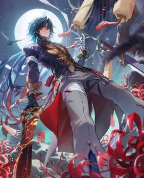 1boy backlighting bandaged_hand bandages bandages_over_clothes black_gloves black_hair blade_(honkai:_star_rail) chinese_clothes closed_mouth daniel_deng dutch_angle earrings eyeliner flower full_moon gloves grey_pants hair_over_one_eye highres holding holding_sword holding_weapon honkai:_star_rail honkai_(series) jewelry long_hair long_sleeves looking_at_viewer makeup male_focus moon pants planted planted_sword planted_weapon red_eyeliner red_eyes red_flower solo spider_lily sword tassel tassel_earrings weapon