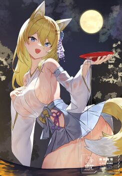 1girl :d absurdres animal_ear_fluff animal_ears arpeggio_kaga ass blonde_hair blue_eyes blue_skin breasts clothing_cutout colored_skin commentary_request cowboy_shot cup detached_sleeves fingerless_gloves flower fox_ears fox_tail full_moon gloves hair_between_eyes hair_flower hair_ornament hairclip hakama hakama_short_skirt hakama_skirt hand_on_own_chest highres hip_vent indie_virtual_youtuber japanese_clothes kanzashi kimono large_breasts lifted_by_tail light_blush long_hair looking_at_viewer miniskirt moon nanamiya_nako night nontraditional_miko open_mouth panties pleated_skirt pouring purple_panties red_pupils revealing_clothes sakazuki second-party_source see-through_clothes see-through_silhouette side-tie_panties sideboob sideless_kimono skirt sky sleeveless sleeveless_kimono smile solo tail tail_censor thick_thighs thighs underwear virtual_youtuber wading watermark wet wet_clothes white_kimono wide_sleeves