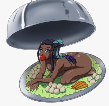 apple apple_gag black_hair blue_eyes blue_hair canime cannibalism carrot completely_nude convenient_censoring dark-skinned_female dark_skin feet food food_gag fruit grapes kneeling lettuce long_hair looking_at_viewer multicolored_hair nessa_(pokemon) nintendo nude pokemon pokemon_swsh ponytail potato serving_dome simple_background tagme white_background