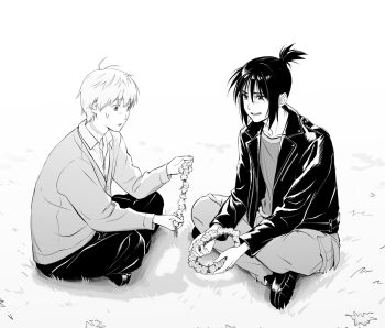 2boys cardigan collared_shirt full_body greyscale high_ponytail highres holding_head_wreath indian_style jacket leather leather_jacket looking_at_another male_focus monochrome multiple_boys nezumi_(no.6) no.6 ob_sane on_grass pants ponytail shion_(no.6) shirt shoes short_hair short_ponytail sidelocks sitting